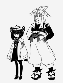 Rule 34 | 1boy, 1girl, bare shoulders, belt, black dress, black pantyhose, blunt bangs, bow, bowtie, brother and sister, coat, crown, dress, fingerless gloves, full body, gloves, gwynn (pokemon), hands on own hips, highres, ivor (pokemon), long hair, looking at viewer, mole, mole under mouth, monochrome, nintendo, o-ring, o-ring belt, open clothes, open coat, pantyhose, pokemon, pokemon legends: z-a, sandals, siblings, simple background, standing, white background, yametene50
