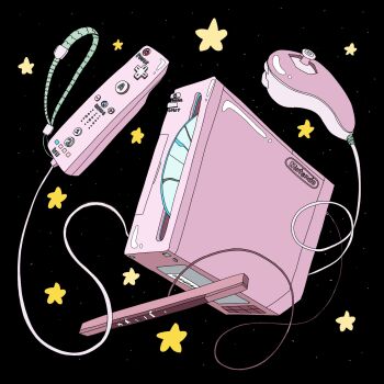 Rule 34 | black background, commentary, controller, dvd (object), english commentary, game console, game controller, guppiesz, highres, nintendo, no humans, nunchuk (wii), object focus, star (symbol), still life, wii, wii remote