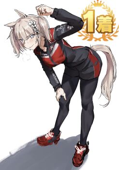 +_+ 1girl absurdres animal_ears arm_up bent_over black_leggings black_shorts blue_eyes breath clenched_hand commentary english_commentary flower full_body grey_hair hair_flower hair_ornament hand_on_own_knee highres horse_ears horse_girl horse_tail leggings long_sleeves looking_at_viewer medium_hair original red_shoes shoes short_shorts shorts simple_background smile solo sweat tail twintails umamusume white_background xcider