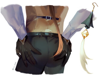 1boy ass ass_focus belt black_belt black_gloves brown_hair earrings from_behind genshin_impact gloves hand_on_own_ass highres jewelry long_hair male_focus ring simple_background solo tassel tassel_earrings thumb_ring twitter_username vc_ooo white_background zhongli_(genshin_impact)