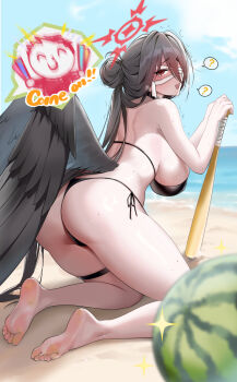 1girl ? @_@ absurdres ass barefoot baseball_bat beach bikini black_bikini black_choker black_hair black_wings blindfold blue_archive breasts choker commentary doodle_sensei_(blue_archive) feathered_wings feet food fruit hair_between_eyes hair_bun halo hasumi_(blue_archive) hasumi_(swimsuit)_(blue_archive) heavy_breathing highres holding holding_baseball_bat kneeling large_breasts long_hair long_hair_between_eyes low_wings open_mouth outdoors oxygen_mask_(oxygenmask233) raised_inner_eyebrows red_eyes red_halo sand sensei_(blue_archive) side-tie_bikini_bottom sideboob single_hair_bun soles speech_bubble spoken_question_mark sweat swimsuit tearing_up thigh_strap toes watermelon wings