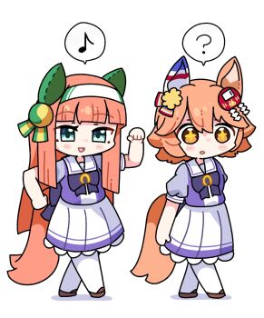 +_+ 2girls ? animal_ears blue_eyes blunt_bangs blush bow bowtie chibi clover_hair_ornament daruma_doll daruma_doll_hair_ornament ear_covers flipped_hair four-leaf_clover_hair_ornament good_fortune_symbol green_eyes hair_between_eyes hair_ornament hairband highres hime_cut horse_ears horse_girl horse_tail long_hair looking_at_viewer matikanefukukitaru_(umamusume) multiple_girls musical_note open_mouth orange_hair orange_tail puffy_short_sleeves puffy_sleeves purple_bow purple_bowtie purple_shirt sailor_collar sailor_shirt school_uniform shirt short_hair short_sleeves silence_suzuka_(umamusume) single_ear_cover skirt smile speech_bubble spoken_musical_note spoken_question_mark star-shaped_pupils star_(symbol) symbol-shaped_pupils tail temu_(kobaeihuk) thighhighs tracen_school_uniform umamusume white_hairband white_sailor_collar white_skirt white_thighhighs