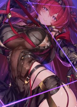 black_hairband bright_pupils circle_facial_mark commentary facial_mark flower_hairpin hair_ornament hair_stick hairband hairpin high_ponytail holding holding_lightning_bolt holding_string katsuyamamage mark_under_both_eyes mark_under_eye mole mole_under_each_eye mole_under_eye multiple_moles pointy_ears ponytail purple_eyes purple_lightning red_hair see-through_clothes see-through_dress_layer string tacet_mark_(wuthering_waves) ura_illust white_pupils wuthering_waves yinlin_(wuthering_waves)