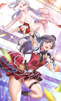 absurdres black_hair breasts completely_nude confetti cowboy_shot doggystyle fingerless_gloves gloves hetero highres holding holding_microphone idol long_hair love_live! love_live!_nijigasaki_high_school_idol_club medium_breasts microphone mishima_psycho nipples nude one_eye_closed red_gloves red_skirt red_vest sex sex_from_behind shirt skirt solo_focus stage vest white_shirt yuki_setsuna