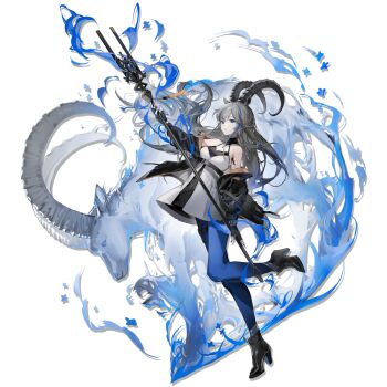 1girl akkord_(arknights) arknights blue_eyes blue_nails blue_pantyhose blue_theme chi4 dress floating_hair full_body grey_hair highres holding holding_staff horns long_hair official_art pantyhose simple_background solo staff standing standing_on_one_leg third-party_source transparent_background white_dress