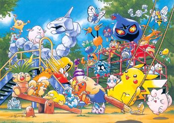 Rule 34 | 6+others, absurdres, aihara kazunori, animal focus, arbok, arm support, beedrill, bellsprout, blue sky, bug, bulbasaur, butterfree, chansey, charizard, claws, clefairy, day, diglett, doduo, dragon, ekans, exeggutor, fangs, gen 1 pokemon, geodude, growlithe, highres, jigglypuff, jynx, krabby, looking afar, looking at another, looking to the side, lying, machop, mankey, meowth, multiple others, nidoran, nidoran (male), nintendo, no humans, oddish, official art, onix, outdoors, pikachu, playing games, pokemon, pokemon (creature), poliwag, psyduck, raichu, rhyhorn, riding, riding pokemon, seel, sharp teeth, sitting, sky, sleeping, slowpoke, smile, snorlax, swing, tail, tangela, teeth, tree, venonat, weedle, wings