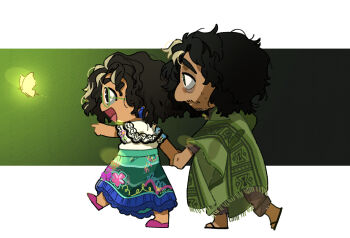 Rule 34 | 1boy, 1girl, brown eyes, brown hair, bruno madrigal, colombian clothes, commentary request, curly hair, dark-skinned female, dark-skinned male, dark skin, earrings, encanto, green-framed eyewear, highres, jewelry, mirabel madrigal, round eyewear, shirt, short hair, simple background, skirt, smile, sweetp247, white shirt