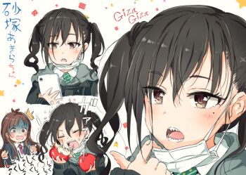 Rule 34 | 2girls, ^^^, apple, blazer, brown eyes, brown hair, brown neckwear, cellphone, collared shirt, commentary request, diagonal-striped clothes, diagonal-striped necktie, diagonal-striped neckwear, eating, fingernails, food, fruit, gomennasai, green neckwear, grey jacket, holding, holding food, holding phone, idolmaster, idolmaster cinderella girls, jacket, long hair, long sleeves, mask, md5 mismatch, mole, mole under eye, mouth mask, multiple girls, necktie, open mouth, phone, apple, resolution mismatch, sharp teeth, shirt, sleeves past wrists, source larger, striped clothes, striped neckwear, sunazuka akira, surgical mask, teeth, translation request, tsujino akari, turn pale, twintails, white shirt