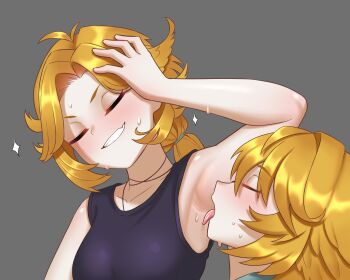 Rule 34 | 2girls, armpit focus, armpits, bakushin o armpit gif (meme), black tank top, blonde hair, blush, cipher4109, closed eyes, commentary, dokibird, dokibird (bounty hunter), english commentary, fang, feather hair, grey background, grin, highres, indie virtual youtuber, licking, licking armpit, meme, multiple girls, selfcest, skin fang, smile, sparkle, sweat, tank top, time paradox, virtual youtuber, yuri
