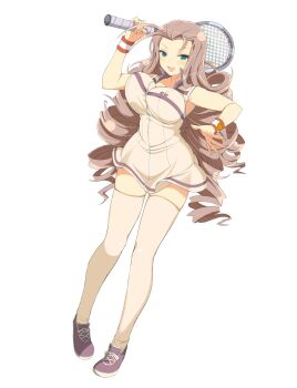 1girl :d absurdres antenna_hair arm_warmers blue_eyes blush breasts brown_dress brown_thighhighs cleavage curly_hair dress drill_hair full_body highres holding holding_racket holding_tennis_racket kochou_(senran_kagura) large_breasts long_hair official_art open_mouth purple_shoes purple_trim racket senran_kagura senran_kagura_new_wave shoes simple_background smile sneakers solo sportswear standing tennis_dress tennis_racket tennis_uniform thighhighs white_background