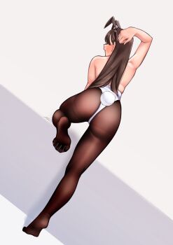 1girl absurdres aiharararara animal_ears arm_up ass back bare_shoulders bilingual_commentary black_hairband blush brown_hair brown_pantyhose commentary english_commentary eyelashes fake_animal_ears fake_tail feet from_behind full_body grey_background hairband highleg highleg_leotard highres legs leotard long_hair mixed-language_commentary no_shoes original pantyhose playboy_bunny rabbit_ears rabbit_tail signature simple_background soles solo spread_toes tail toes very_long_hair white_leotard