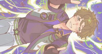 1boy belt black_gloves black_shirt brown_hair clenched_teeth commentary cowboy_shot ensemble_stars! gloves green_eyes highres jacket layered_clothes long_sleeves looking_at_viewer male_focus open_clothes open_jacket outstretched_arms shirt short_hair sideways smile solo star_(symbol) symbol-only_commentary takamine_midori teeth yogi_(yogi_ter)