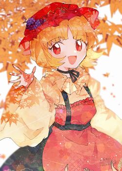 Rule 34 | 1girl, aki minoriko, apron, black ribbon, black skirt, blonde hair, choker, grape hat ornament, hat, highres, itomugi-kun, long sleeves, looking at viewer, mob cap, open mouth, orange apron, red eyes, red hat, ribbon, ribbon choker, shirt, short hair, skirt, smile, solo, touhou, wheat print, wide sleeves, yellow shirt