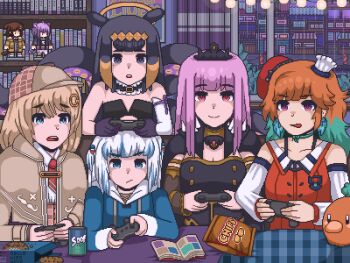 5girls animated animated_gif black_hair blonde_hair blue_eyes blue_hoodie blunt_bangs breasts can capelet chips_(food) cleavage commentary controller cookie detached_sleeves drink_can english_commentary food game_controller gawr_gura gawr_gura_(1st_costume) gloves hair_ornament hand_on_another&#039;s_head hololive hololive_english hood hoodie inugami_korone long_hair long_sleeves mori_calliope mori_calliope_(1st_costume) multicolored_hair multiple_girls necktie nekomata_okayu nekomata_okayu_(1st_costume) nellawashere ninomae_ina&#039;nis ninomae_ina&#039;nis_(1st_costume) open_mouth orange_hair pink_hair pixel_art playing_games purple_eyes purple_gloves rain silver_hair smile soda_can streaked_hair takanashi_kiara takanashi_kiara_(1st_costume) takanashi_kiara_(phoenix) tentacle_hair tentacles tiara virtual_youtuber watson_amelia watson_amelia_(1st_costume)