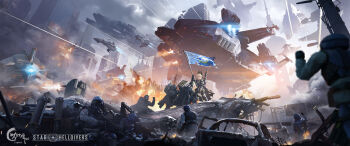 1girl 6+others aircraft alternate_height ar-23_liberator arm_up armor assault_visor backlighting battle bendy_straw black_gloves blonde_hair blue_helmet blurry blurry_foreground braid breaking_news building cape car chigalidepoi china chinese_commentary city cityscape cloud cloudy_sky commentary_request contrail cup day debris destruction disposable_cup drinking_straw explosion fire firing flag fog fujita_kotone gakuen_idolmaster gloves goggles grey_jacket gun helldiver_(helldivers) helldivers_(series) helmet highres holding holding_flag holding_gun holding_weapon idolmaster jacket lamppost laser_cannon logo logo_parody long_hair motor_vehicle multiple_others news oriental_pearl_tower outdoors projectile_trail real_world_location rebar rocket_launcher ruins scenery science_fiction shanghai shoulder_armor sign signature sky skyscraper smoke spacecraft spacecraft_turret star_citizen super_earth_flag thrusters torn_flag twin_braids vehicle_request war weapon weapon_request wreckage yellow_eyes