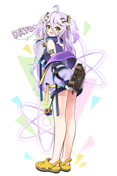 1girl absurdres ahoge asahi_illustrator atom black_bra book bra breasts cleavage_cutout clothing_cutout crocs cube dress gradient_hair hair_between_eyes hair_ornament hairpin heart henya_the_genius highres holding holding_book indie_virtual_youtuber jacket long_bangs long_hair looking_at_viewer multicolored_hair purple_dress purple_jacket purple_ribbon ribbon rubik's_cube shoes small_breasts solo speech_bubble triangle two_side_up underwear virtual_youtuber void_cube yellow_eyes yellow_shoes zipper_pull_tab