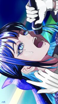 Rule 34 | 1girl, ado (utaite), blue eyes, blue hair, braid, chando (ado), commentary request, half up braid, highres, holding, holding microphone, long hair, microphone, mole, mole under eye, music, open mouth, sideways, singing, solo, teeth, tomoyaku, utaite