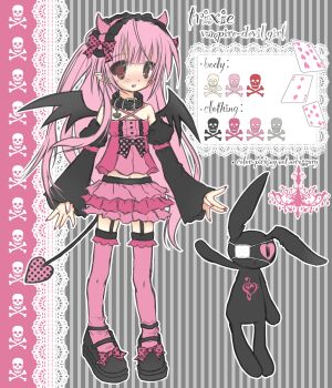1girl 2000s_(style) alice_(frilldevil) bow camisole character_name color_guide demon_girl demon_horns demon_tail demon_wings english_text eyepatch fashion faux_retro_artstyle hairband highres horns long_hair original pink_bow pink_camisole pink_hair pink_hairband pink_skirt pink_theme pink_thighhighs pointy_ears red_eyes reference_sheet skirt solo standing stuffed_animal stuffed_rabbit stuffed_toy tail thighhighs trixie_(frilldevil) vampire very_long_hair wings
