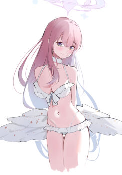 angel_wings blue_archive cake capelet feathered_wings food halo highres low_wings mika_(blue_archive) mika_(swimsuit)_(blue_archive) pink_hair pink_halo stteroo swiss_roll white_capelet white_wings wing_ornament wings