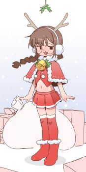 1girl :3 absurdres bell black_eyes blue_background blush boots braid brown_hair capelet christmas christmas_present earmuffs fake_antlers fang fur-trimmed_boots fur-trimmed_capelet fur_trim gift glasses highres long_hair looking_at_viewer mesugaki mesugaki_(orenji) midriff miniskirt mistletoe navel neck_bell open_mouth orenjipiiru original pom_pom_(clothes) red_boots red_capelet red_shirt red_skirt red_thighhighs round_eyewear sack santa_costume shirt single_braid skirt smile snow standing thighhighs