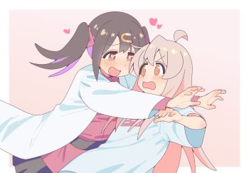 Rule 34 | 2girls, :d, :o, @ @, ahoge, belt, black hair, black skirt, blush, brown eyes, commentary, drunk, glomp, hair ornament, hairclip, heart, heart-shaped pupils, highres, hug, karubi (karubi465558), lab coat, long hair, long sleeves, multicolored hair, multiple girls, onii-chan wa oshimai!, open mouth, orange eyes, oyama mahiro, oyama mihari, pink background, pink hair, purple hair, red shirt, shirt, short sleeves, siblings, simple background, sisters, skirt, smile, symbol-shaped pupils, twintails, two-tone hair, v-shaped eyebrows, very long hair, wavy mouth, white shirt