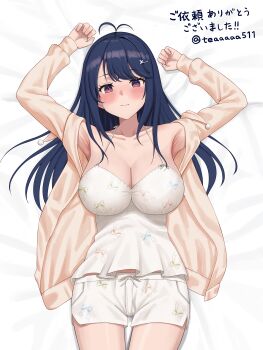 1girl armpits arms_up blue_hair blush breasts camisole cleavage commentary_request commission hair_ornament hairclip highres hinata_yui_(shonioya!) large_breasts long_hair long_sleeves looking_at_viewer on_bed pink_sweater purple_eyes px-tea shonioya! short_shorts shorts skeb_commission sleepwear smile solo sweater