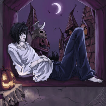 1boy axe barefoot black_eyes black_hair blue_pants commentary_request crescent_moon death_note full_body house in-universe_location jack-o&#039;-lantern l_(death_note) looking_at_viewer male_focus moon night night_sky on_windowsill open_mouth pants pumpkin purple_sky ragnarok_online shirt sitting skull sky solo stitches toriria white_shirt