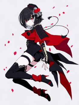 1boy absurdres arm_armor armor black_hair black_thighhighs boots capelet commentary_request expressionless eyeliner fishnet_gloves fishnets flower full_body gloves hat hat_flower high-waist_shorts high_heel_boots high_heels highres japanese_armor kote kyogoku_masamune lace lace-trimmed_thighhighs lace_trim looking_at_viewer makeup male_focus multicolored_hair nail_polish petals red_capelet red_eyeliner red_eyes red_flower red_nails red_rose rose rose_petals seira_jablko short_hair shorts shoulder_armor simple_background solo tassel thigh_boots thigh_strap thighhighs touken_ranbu two-tone_hair white_background