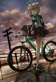 Rule 34 | 1girl, absurdres, animal ear fluff, animal ears, bicycle, black shoes, blue archive, blue halo, blue scarf, coomlee, cross, cross hair ornament, extra ears, gloves, green gloves, grey hair, hair ornament, halo, highres, inverted cross, long sleeves, mismatched pupils, outdoors, scarf, shiroko (blue archive), shoes, skirt, socks, solo, standing, white socks, wolf ears, wolf girl