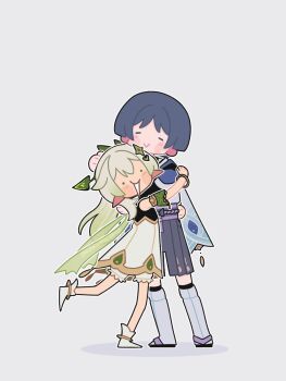 ._. 1boy 1girl :> anklet aracanthus38633 armlet belt black_belt black_bow black_hair black_sandals black_shorts bloomers blue_cape blunt_ends blush bow bracelet cape closed_eyes closed_mouth detached_sleeves dress ear_blush facing_viewer furisode genshin_impact gold_trim green_cape green_eyes green_hair green_sleeves grey_background hair_ornament hakama hakama_shorts hand_on_another's_back headpat height_difference highres hug japanese_clothes jewelry kimono leaf leaf_hair_ornament leg_warmers looking_at_viewer nahida_(genshin_impact) pleated_shorts pointy_ears purple_rope purple_sash rope sandals sash scaramouche_(genshin_impact) shorts shoulder_peek smile socks sweatdrop tassel toeless_legwear twitter_username underwear wanderer_(genshin_impact) white_bloomers white_dress white_hair white_kimono white_leg_warmers white_socks zouri