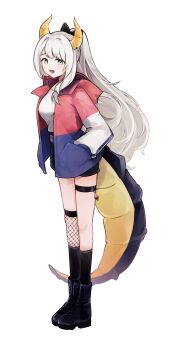 1girl absurdres black_boots black_ribbon black_shorts black_socks blue_eyes blue_jacket blush boots commentary_request fishnet_socks fishnets full_body highres horns iana_ignosis indie_virtual_youtuber jacket korean_commentary long_hair looking_at_viewer mer_(mer3in) multicolored_eyes multicolored_jacket open_mouth red_jacket ribbon shirt shorts socks standing tail thick_tail thigh_strap two-tone_eyes v-lup wavy_hair white_background white_hair white_shirt yellow_eyes
