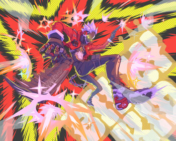 1boy absurdres arms_up billy_kid black_pants chain character_name clothed_robot commentary_request dual_wielding explosion explosion_background firing from_side full_body gun highres holding holding_gun holding_weapon humanoid_robot jacket leg_up male_focus mechanical_arms mechanical_hands metal_skin no_mouth pants pouch red_jacket robot robot_boy sheriff_badge shige_1237 solo sparkle sparks spiked_hair thigh_pouch weapon white_hair yellow_eyes zenless_zone_zero