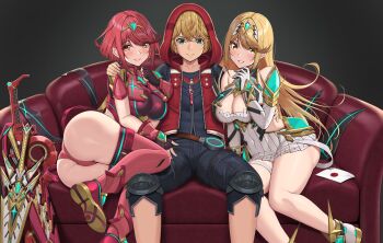 1boy 2girls absurdres aegis_sword_(xenoblade) arm_around_shoulder arm_around_waist armor ass bare_shoulders black_gloves black_shorts blonde_hair blue_eyes breasts chest_jewel cleavage cleavage_cutout clothing_cutout commentary_request commission core_crystal_(xenoblade) couch dark_background dress earrings elbow_gloves fingerless_gloves floating_earrings gloves highres hood hood_up hooded_vest hoodie in-franchise_crossover jewelry knee_pads large_breasts letter long_hair looking_at_viewer monado monado_rex multiple_girls mythra_(xenoblade) necklace nemunemu_semi on_couch pyra_(xenoblade) red_eyes red_footwear red_hair red_shorts red_thighhighs red_vest short_dress short_hair short_shorts shorts shoulder_armor shulk_(xenoblade) sitting skeb_commission smash_invitation smile swept_bangs thigh_strap thighhighs tiara two-tone_gloves vest white_dress white_footwear white_gloves xenoblade_chronicles:_future_connected xenoblade_chronicles_(series) xenoblade_chronicles_1 xenoblade_chronicles_2 yellow_eyes