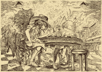 2girls alcohol antlers bandana black_hair black_wings blonde_hair boots breasts brown_hat chair cowboy_boots cowboy_hat dagger dragon_girl dragon_horns dragon_tail feathered_wings greyscale hat highres horns jizeru_(giselebon) kicchou_yachie knife kurokoma_saki long_hair monochrome multiple_girls off_shoulder on_chair open_mouth otter shirt short_hair short_sleeves skirt smile table tail touhou turtle_shell weapon wily_beast_and_weakest_creature wings