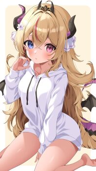 Rule 34 | 1girl, @shun, ahoge, barefoot, blonde hair, blue eyes, blush, breasts, collarbone, commentary, commission, dragon horns, dragon tail, dragon wings, drawstring, english commentary, flower, hair between eyes, hair flower, hair intakes, hair ornament, heterochromia, highres, hood, hoodie, horns, kneeling, long hair, no pants, pink eyes, pink hair, second-party source, solo, suri solari, tail, v&amp;u entertainment, very long hair, virtual youtuber, white flower, white hoodie, wings