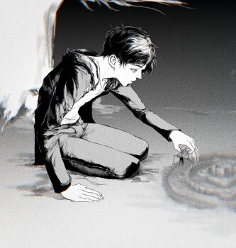 1boy eren_yeager founding_titan full_body greyscale gx8439440115311 highres in_palm jacket kneeling long_sleeves male_focus monochrome outdoors parted_bangs parted_lips shingeki_no_kyojin shirt short_hair titan_(shingeki_no_kyojin) tree under_tree white_shirt