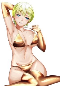 Rule 34 | 1girl, armpits, bikini, bikini top pull, blue eyes, breasts, cleavage, commentary request, covered groin, earrings, elbow gloves, gloves, gold bikini, gold gloves, gold thighhighs, golden week, gradient hair, green hair, hair between eyes, highres, izumo tenka, jewelry, large breasts, looking at viewer, mato seihei no slave, micro bikini, multicolored hair, navel, parted lips, presenting armpit, puyo991, short hair, sideboob, simple background, single earring, sitting, smile, solo, stomach, swimsuit, thighhighs, underboob, upper body, white background, wispy bangs