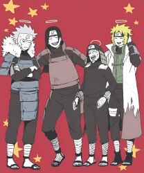 Rule 34 | annoyed, armor, black pants, black shirt, blonde hair, blue armor, brothers, cape, closed eyes, crossed arms, dark brown hair, facial mark, family, fluffy collar, forehead protector, green vest, grey hair, halo, hand on another&#039;s back, hand on own head, hokage, laughing, multiple boys, namikaze minato, naruto (series), naruto shippuuden, nervous smile, old, old man, open mouth, pants, red armor, red background, sarutobi hiruzen, scar, scar on face, senju hashirama, senju tobirama, shirt, siblings, smile, star (symbol), starry background, sunken cheeks, sweat, vest