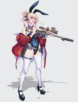 absurdres animal_ears black_nails blonde_hair braid earpiece gun headset high_heels highres holding holding_gun holding_weapon jacket nenchi original playboy_bunny rabbit_ears red_eyes red_jacket shell_casing stiletto_heels thighhighs weapon white_thighhighs