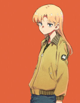 1girl blonde_hair blue_eyes closed_mouth commentary_request cowboy_shot denim dot_mouth dot_nose eyebrows_hidden_by_hair green_jacket green_shirt jacket jeans long_hair long_sleeves looking_at_viewer orange_background original pants parted_bangs partially_open_jacket patch shiratama_(hockey) shirt shoulder_patch sidelocks simple_background solo star_(symbol) zipper