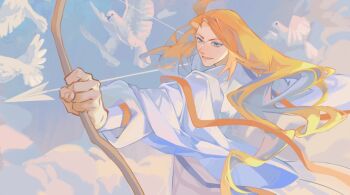 1boy aiming animal arrow_(projectile) bird blonde_hair blue_eyes bow_(weapon) celegorm dove floating_clothes floating_hair flying holding holding_bow_(weapon) holding_weapon long_hair lower_teeth_only male_focus open_mouth solo source_request sulime teeth the_silmarillion tolkien's_legendarium upper_body very_long_hair weapon