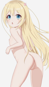 1girl :o absurdres ass azunyart blonde_hair blue_eyes charlotte_zenfis cleft_of_venus completely_nude female_focus flat_chest highres huge_filesize jitsu_wa_ore_saikyou_deshita? loli long_hair looking_at_viewer looking_to_the_side nipples nude open_mouth pussy simple_background solo standing uncensored white_background