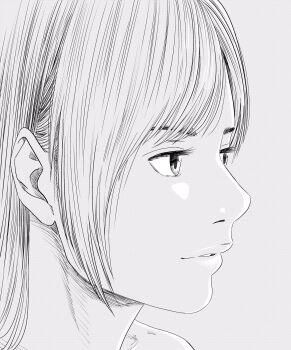 1girl bare_shoulders commentary_request eyebrows_hidden_by_hair eyelashes from_side greyscale hair_behind_ear hatching_(texture) highres lee_(dragon_garou) lips monochrome original parted_lips portrait solo