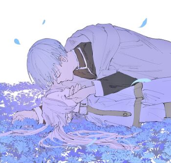 Rule 34 | 1boy, 1girl, black jacket, blue hair, blue petals, capelet, closed eyes, commentary request, elf, falling petals, field, flower, flower field, frieren, gold trim, grey cloak, grey hair, hand on another's cheek, hand on another's face, highres, himmel (sousou no frieren), jacket, long hair, meadow, mole, mole under eye, nya pe, parted bangs, petals, pointy ears, short hair, skirt, sousou no frieren, twintails, upper body, white background, white capelet, white jacket, white skirt