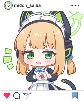 1girl :d absurdres animal_ear_headphones animal_ears apron aqua_bow aqua_bowtie black_dress black_tail blonde_hair blue_archive blush bow bowtie cat_ear_headphones cat_ears cat_tail character_name chibi chibi_only collared_dress commentary_request contrast_collar dot_nose dress fake_animal_ears fake_screenshot fake_tail green_eyes green_halo hair_bow halo headphones heart heart_hands heart_in_heart_hands highres long_sleeves looking_at_viewer maid maid_apron maid_headdress midori_(blue_archive) midori_(maid)_(blue_archive) neguse1233 notice_lines official_alternate_costume official_alternate_hairstyle open_mouth puffy_long_sleeves puffy_sleeves short_hair short_twintails sidelocks simple_background smile solo tail tail_raised twintails upper_body white_apron white_background white_headdress