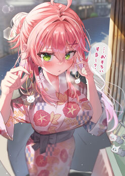 1girl absurdres ahoge black_sash blurry blurry_background blush breasts breath closed_mouth day green_eyes hair_bun hair_ornament hairclip highres holding hololive japanese_clothes kimono large_breasts leaf_print long_hair long_sleeves looking_at_viewer maple_leaf_print outdoors pink_hair sakura_miko sash shiori_(gotoo0226) solo translation_request virtual_youtuber white_kimono