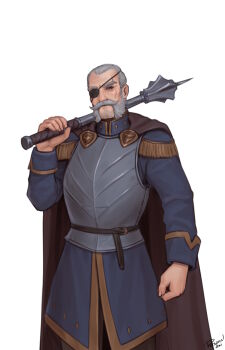 Rule 34 | 1boy, armor, artist name, beard, blue eyes, brown cape, cape, club (weapon), commentary, english commentary, eyepatch, facial hair, grey hair, highres, holding, holding club, holding weapon, long sleeves, looking at viewer, male focus, mustache, original, personal ami, short hair, signature, simple background, solo, tagme, weapon, white background