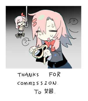 2girls =_= ? akiyama_mizuki bow bowtie chibi chinese_text closed_eyes english_text gradient_background hair_ornament hair_ribbon hairclip jacket long_hair long_sleeves mixed-language_text mk1liaoqian multiple_girls noose oc_x_canon open_mouth original pink_hair project_sekai red_bow red_bowtie ribbon rope school_uniform skirt spoken_question_mark stool sweat