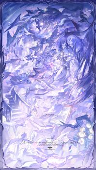 2girls absurdres bai_shancha_weijian bird commission dress elbow_gloves floating floating_hair flower full_body gloves high_heels highres horns long_hair mihuashi_commission monochrome multiple_girls night original outdoors paper picture_frame purple_theme shards stairs strapless strapless_dress very_long_hair watermark