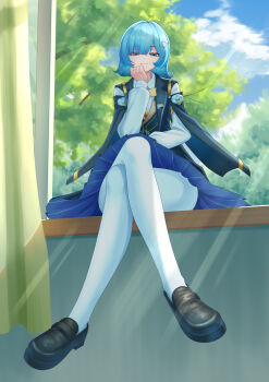 Rule 34 | 1girl, absurdres, arrow hair ornament, black dress, black jacket, black pantyhose, black shoes, blue eyes, blue hair, blue sky, closed mouth, commentary request, crossed legs, day, dongyun hua, dress, hand up, highres, i.r.i.s. (wuthering waves), indoors, jacket, long sleeves, looking at viewer, on windowsill, pantyhose, shirt, shoes, short hair, sitting, sky, solo, white pantyhose, white shirt, wuthering waves